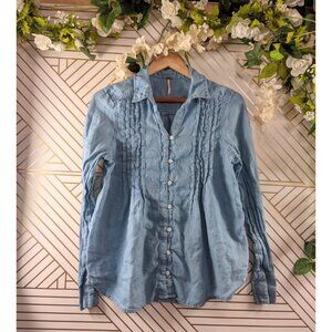 FREE PEOPLE Women's Blue  Linen Collar Long Sleeve Blouse Pleated Size Small